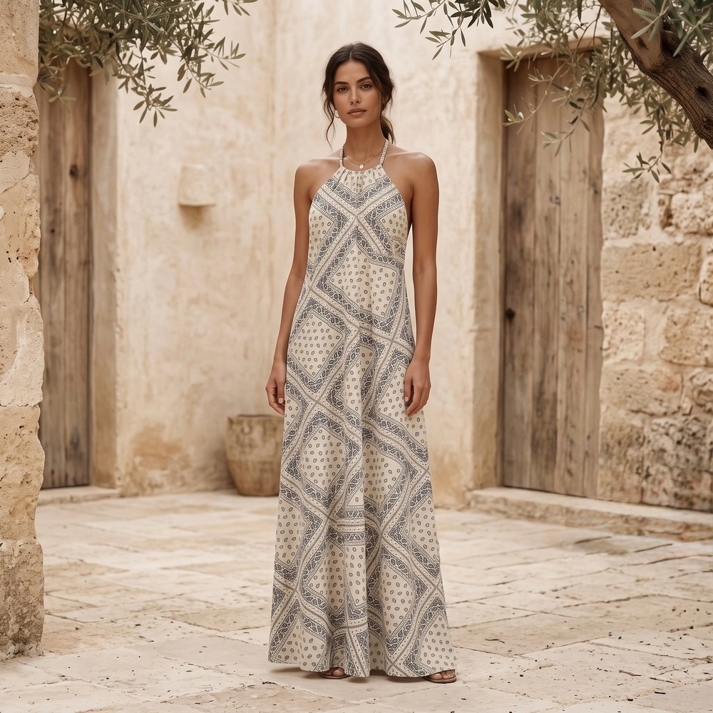 BISHOP + YOUNG Cream Navy Bandana Paisley Halter Maxi Dress Open Back XS $138 - Picture 1 of 7